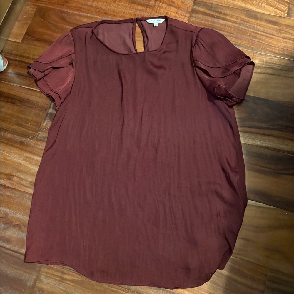 Naked Zebra Burgundy Flutter‎ Sleeve Blouse Sheer Overlay Flowy Top (0768)